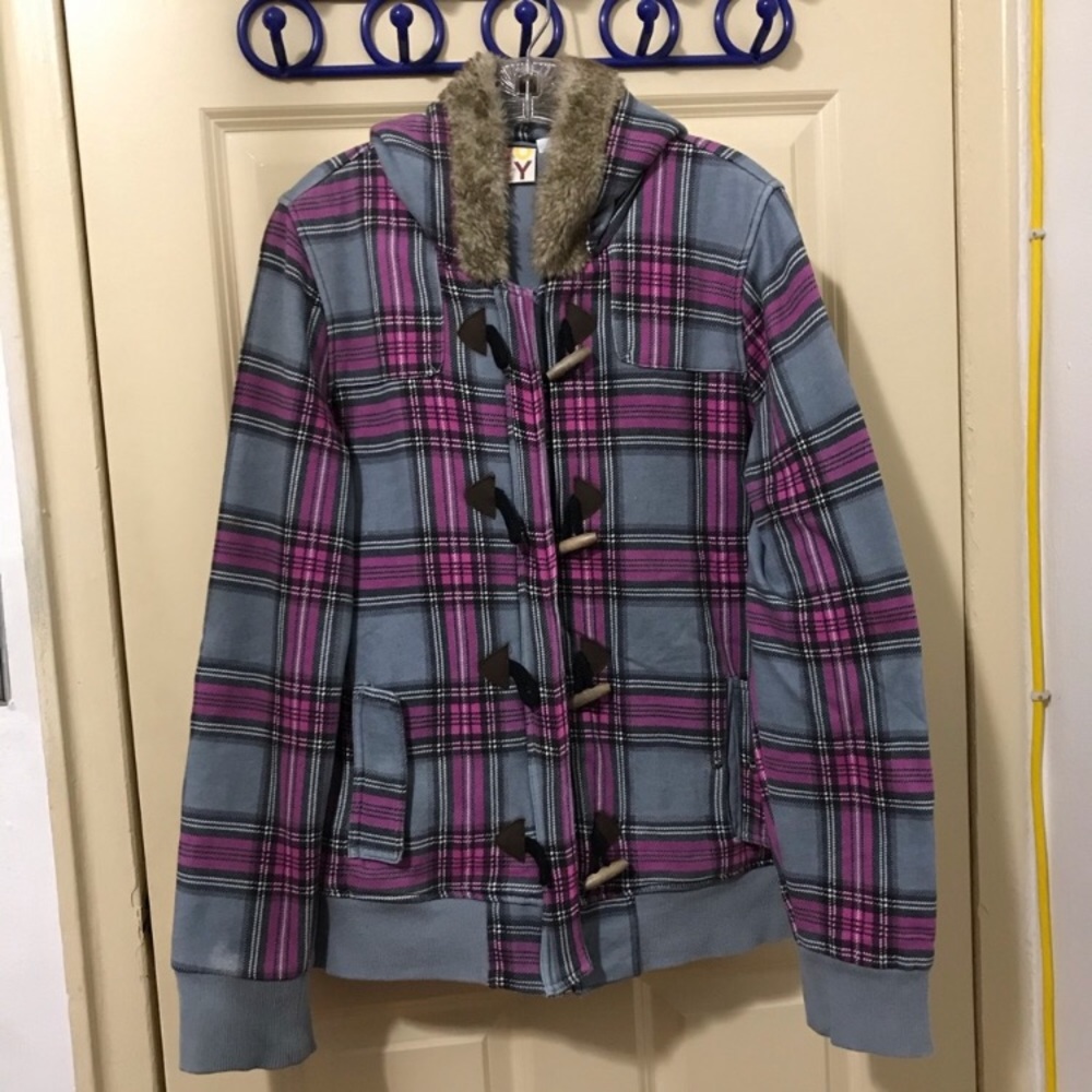 Roxy Gray and Pink Plaid Jacket w/ Fur Hood